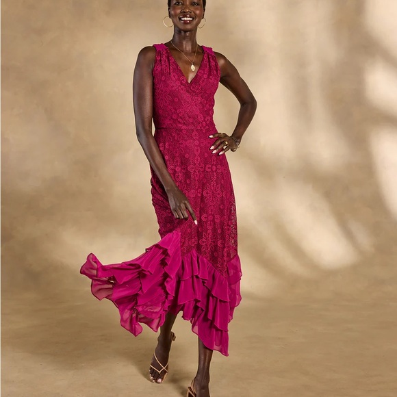 Sundance Fuchsia Asymmetrical Lace Dress - Picture 1 of 16